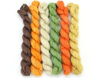 May include: Six skeins of yarn in various shades of brown, orange, yellow, and green. The yarn is arranged in a vertical row.
