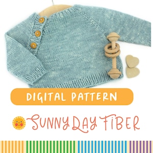 May include: A digital knitting pattern for a baby sweater in a light blue color with a button closure. The pattern is available for download from Sunny Day Fiber.