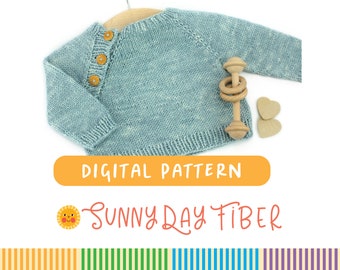 May include: A digital knitting pattern for a baby sweater in a light blue color with a button closure. The pattern is available for download from Sunny Day Fiber.