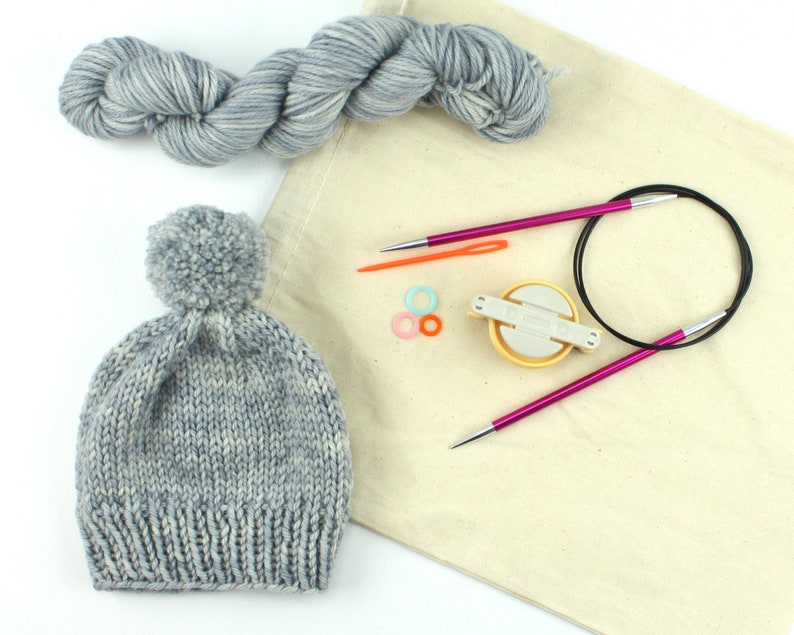 Beginner Knit kit, Beanie Knitting Kit, Hat Knitting Kit, Beanie knit hat, Hand dyed yarn, Grey image 1