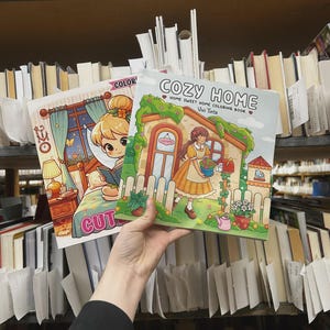May include: Two coloring books are held up in front of a library shelf. The book on the right is titled "COZY HOME" with a picture of a house and a woman. The book on the left has the word "COLOR" and a picture of a girl.