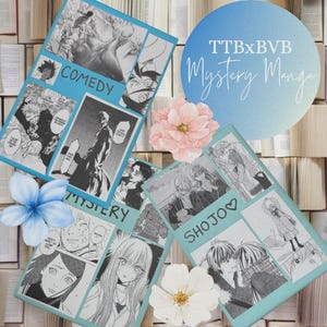 May include: Arrangement of manga-style comic book pages with the words "COMEDY", "MYSTERY", and "SHOJO" on light blue backgrounds. The image includes a circular graphic with the text "TTBxBVB Mystery Manga" and decorative flowers.