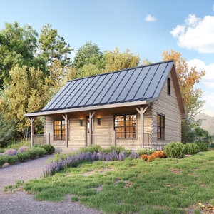 24 x 34' Adirondack XL-hut met architectonische plannen loftslaapkamer - aangepaste 975SF-blauwdruk moderne hut