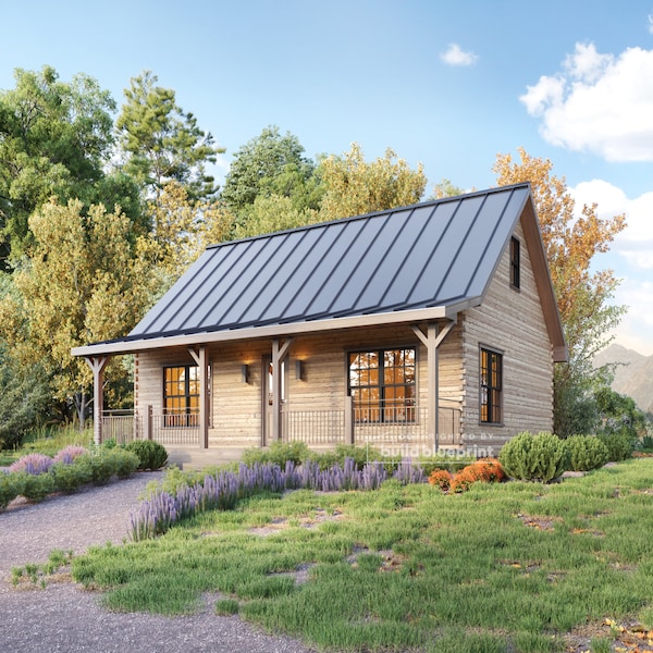 24' x 34' Adirondack XL Cabin w/ Loft Bedroom Architectural Plans - Custom 975SF Modern Cabin Blueprint