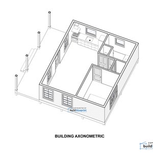 Peut inclure: Plan d'une maison en noir et blanc avec une terrasse. Le plan montre une cuisine, une salle de bain et un salon. Le texte "BUILDING AXONOMETRIC" est sous le dessin.
