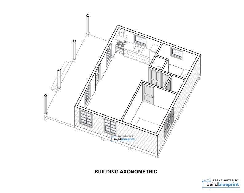 Peut inclure: Plan d'une maison en noir et blanc avec une terrasse. Le plan montre une cuisine, une salle de bain et un salon. Le texte "BUILDING AXONOMETRIC" est sous le dessin.