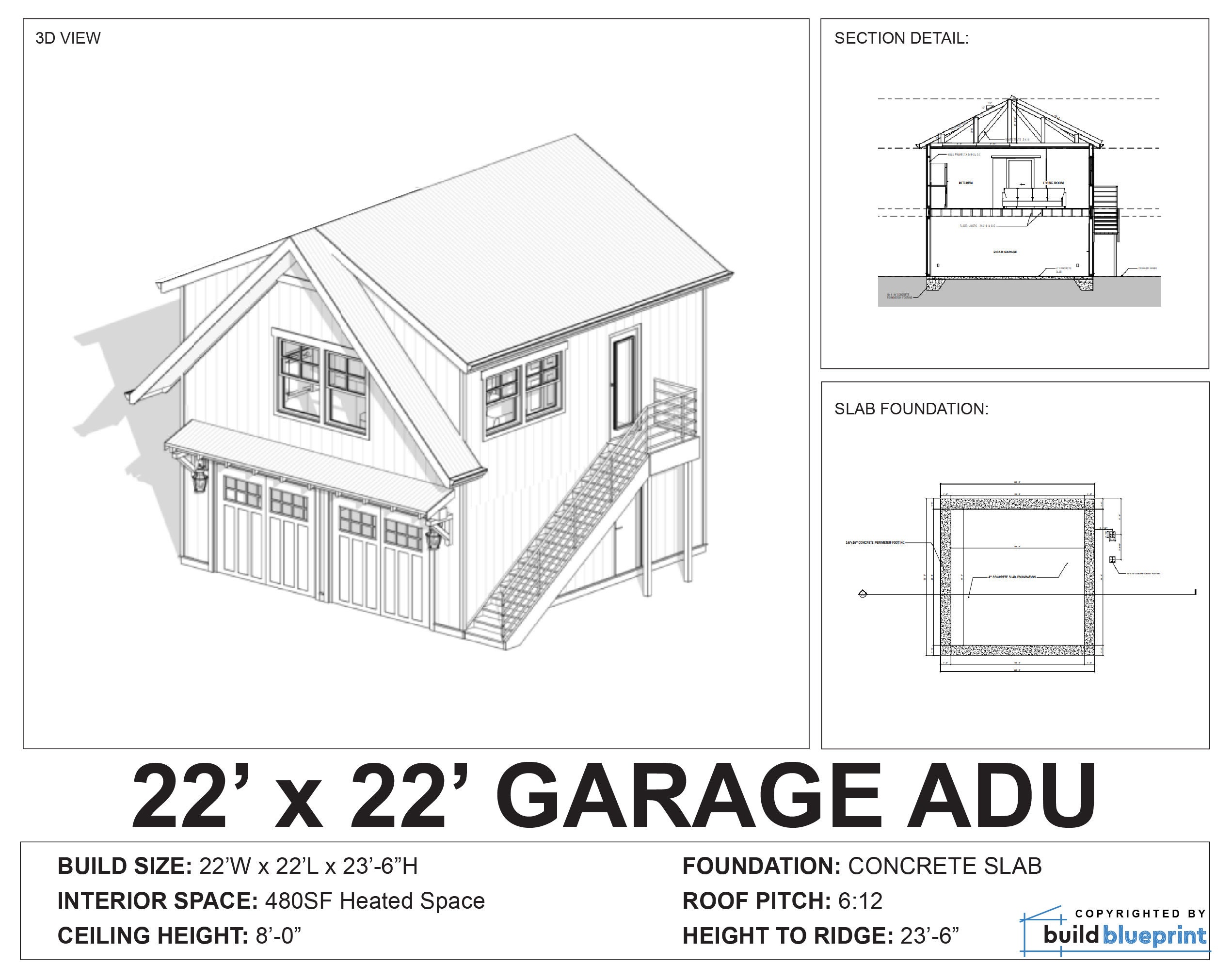 Detached 22'x22' Two Car ADU Garage Loft Architectural Plans - Blueprint  Digital PDF - Etsy Israel, image size:2541x2020