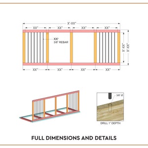 May include: A diagram showing the dimensions and details of a wooden railing with a rebar insert. The railing is made of wood and has a pink base. The diagram shows the dimensions of the railing in inches. The diagram also shows a detail of the rebar insert, which is 3/8 inch in diameter and is drilled 1 inch deep.