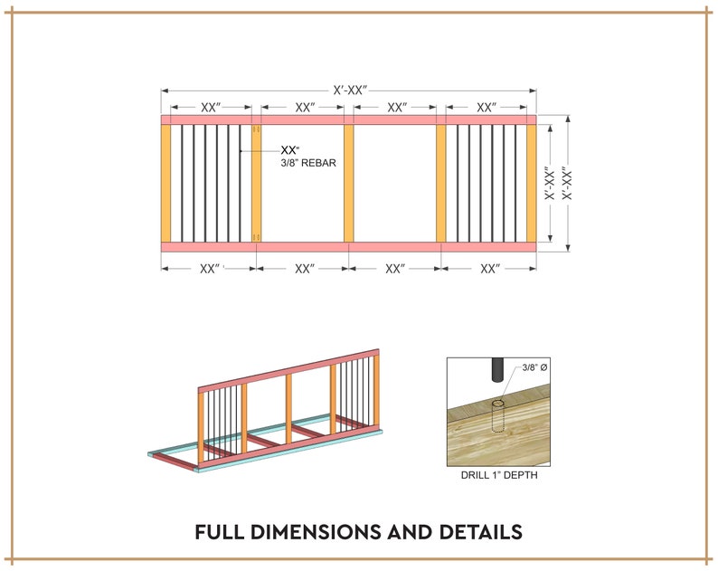 May include: A diagram showing the dimensions and details of a wooden railing with a rebar insert. The railing is made of wood and has a pink base. The diagram shows the dimensions of the railing in inches. The diagram also shows a detail of the rebar insert, which is 3/8 inch in diameter and is drilled 1 inch deep.