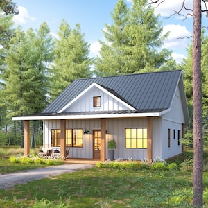 30' x 30' American Cottage 2 Bedroom Architectural Plans - Custom 875SF Modern Cabin Blueprint