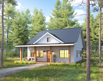 30' x 30' American Cottage 2 Bedroom Architectural Plans - Custom 875SF Modern Cabin Blueprint