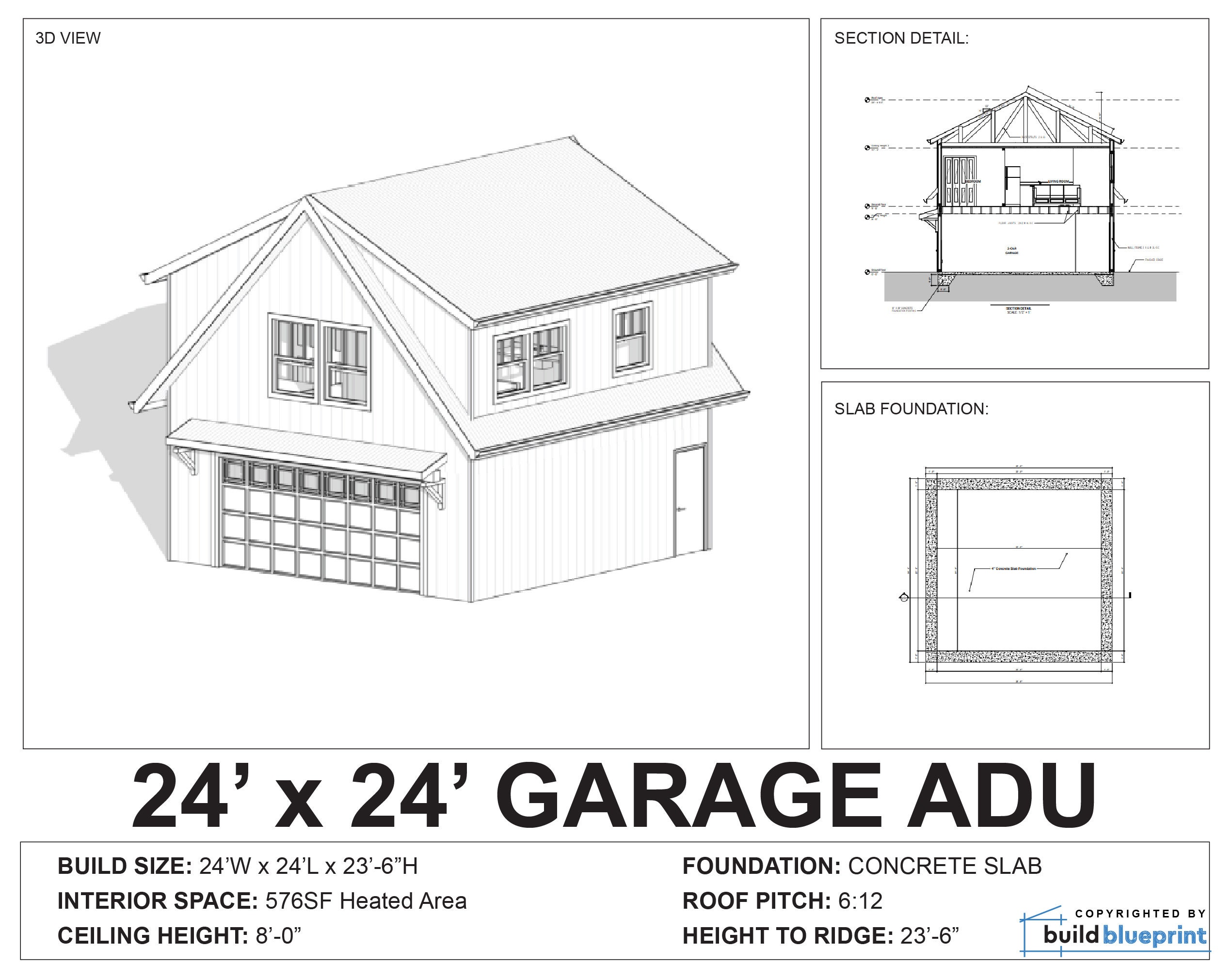 Detached 24'x24' Two Car ADU Garage Loft Architectural Plans ...