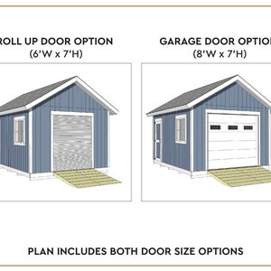 Puede incluir: Un dibujo a l&iacute;nea de dos dise&ntilde;os de cobertizos con diferentes opciones de puertas. El primer cobertizo tiene una puerta enrollable y est&aacute; etiquetado como "Opci&oacute;n de puerta enrollable (6'A x 7'A)". El segundo cobertizo tiene una puerta de garaje y est&aacute; etiquetado como "Opci&oacute;n de puerta de garaje (8'A x 7'A)". El texto "PLAN INCLUYE AMBAS OPCIONES DE TAMA&Ntilde;O DE PUERTA" est&aacute; en la parte inferior de la imagen.
