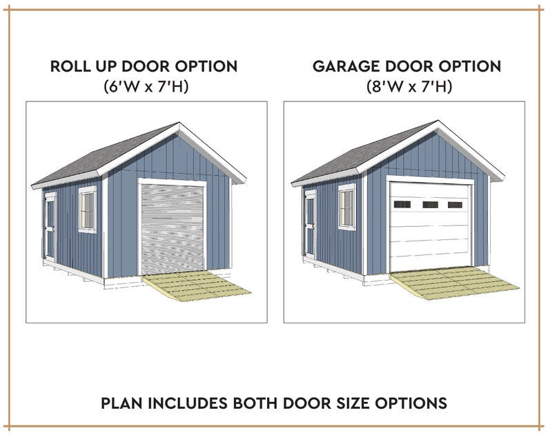 Puede incluir: Un dibujo a l&iacute;nea de dos dise&ntilde;os de cobertizos con diferentes opciones de puertas. El primer cobertizo tiene una puerta enrollable y est&aacute; etiquetado como "Opci&oacute;n de puerta enrollable (6'A x 7'A)". El segundo cobertizo tiene una puerta de garaje y est&aacute; etiquetado como "Opci&oacute;n de puerta de garaje (8'A x 7'A)". El texto "PLAN INCLUYE AMBAS OPCIONES DE TAMA&Ntilde;O DE PUERTA" est&aacute; en la parte inferior de la imagen.
