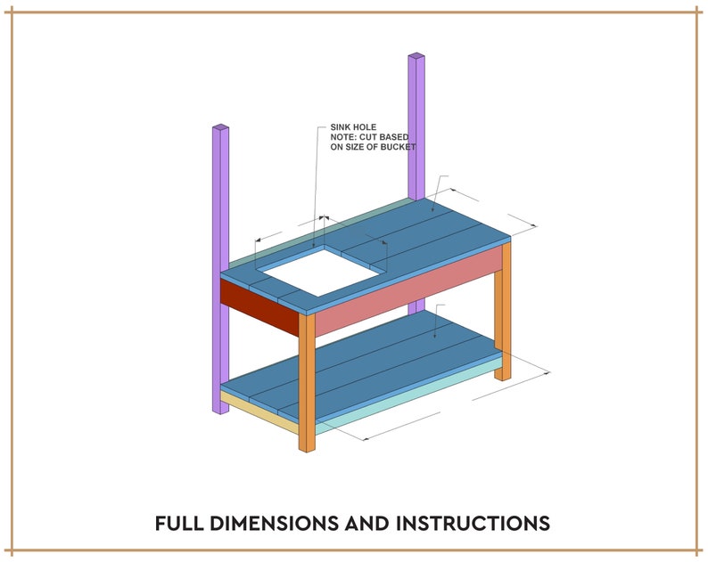 May include: A 3D isometric drawing of a wooden table with a sink hole cut out of the top. The table has two shelves and is made of different colored wood. The text "SINK HOLE NOTE: CUT BASED ON SIZE OF BUCKET" is written above the sink hole. The text "FULL DIMENSIONS AND INSTRUCTIONS" is written below the table.