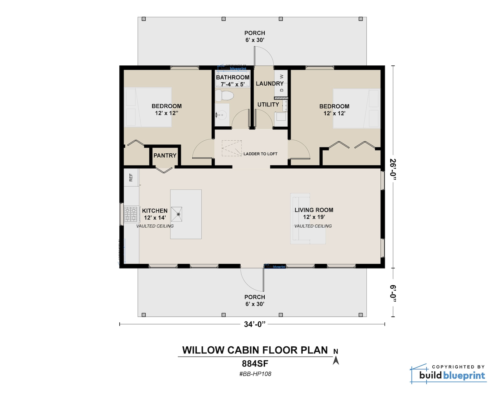 26' X 34' Willow Cabin Architectural Plans - Custom 884SF 2 Bedroom ...