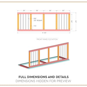 Peut inclure: Un dessin au trait d'un cadre en bois avec des supports en acier. Le dessin montre l'&eacute;l&eacute;vation du panneau avant et les dimensions compl&egrave;tes. Le texte "FULL DIMENSIONS AND DETAILS" et "DIMENSIONS HIDDEN FOR PREVIEW" est inclus dans l'image.
