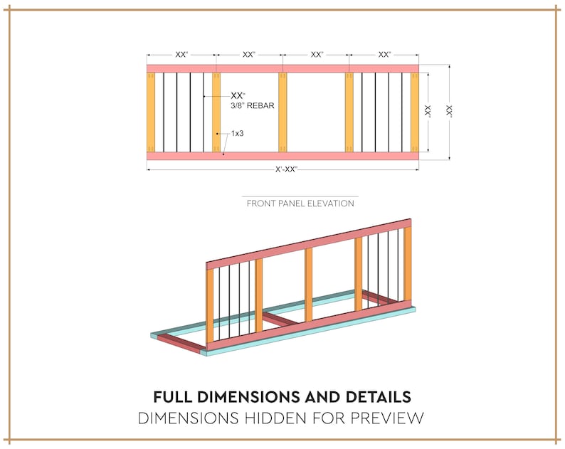 Peut inclure: Un dessin au trait d'un cadre en bois avec des supports en acier. Le dessin montre l'&eacute;l&eacute;vation du panneau avant et les dimensions compl&egrave;tes. Le texte "FULL DIMENSIONS AND DETAILS" et "DIMENSIONS HIDDEN FOR PREVIEW" est inclus dans l'image.