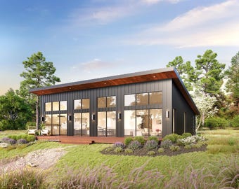 40' x 50' Modern Lean Cabin Architectural Plans - Custom 2000SF 3 Bedroom House Blueprint