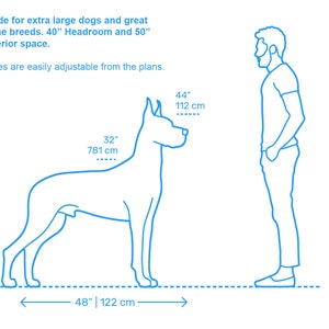 May include: Line drawing illustration of a large dog standing next to a person. The dog is 32 inches tall and 48 inches long. The person is 44 inches tall. The text reads "Made for extra large dogs and great dane breeds. 40" Headroom and 50" interior space. Sizes are easily adjustable from the plans."