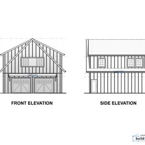 Op de afbeelding: Zwart-witte lijntekening van een garage voor twee auto's met een vooraanzicht en zijaanzicht. De garage heeft een zadeldak en twee ramen aan de voorkant. De garagedeuren zijn dubbele deuren met een enkel paneel.