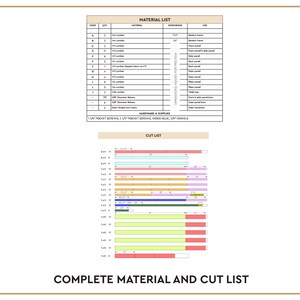 Op de afbeelding: Een gedetailleerde materiaal- en zaaglijst voor een houtbewerkingsproject. De materialenlijst bevat houtafmetingen in inches, en de zaaglijst toont verschillende planklengtes en kleuren. De tekst "COMPLETE MATERIAL AND CUT LIST" staat onderaan.