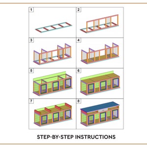 Op de afbeelding: Stapsgewijze instructies voor het bouwen van een kennel voor meerdere honden. De afbeelding toont acht opeenvolgende diagrammen, beginnend met het basisframe en eindigend met de voltooide structuur met een blauw dak. De diagrammen gebruiken verschillende kleuren om verschillende componenten te markeren.