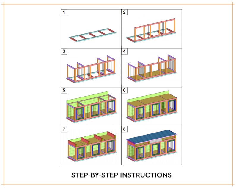 Op de afbeelding: Stapsgewijze instructies voor het bouwen van een kennel voor meerdere honden. De afbeelding toont acht opeenvolgende diagrammen, beginnend met het basisframe en eindigend met de voltooide structuur met een blauw dak. De diagrammen gebruiken verschillende kleuren om verschillende componenten te markeren.