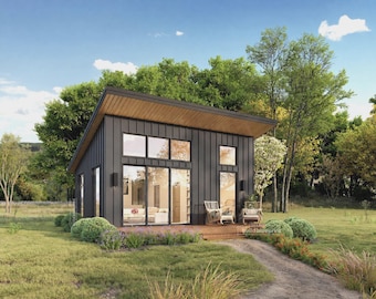 Architectuurplannen voor een budgetvriendelijke, minimalistische blokhut van 20 x 24 voet - Blauwdruk voor een op maat gemaakte tiny house/ADU van 480 vierkante voet