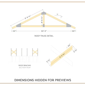 Puede incluir: Un diagrama de una armadura de techo con medidas en pulgadas. El diagrama muestra el detalle de la armadura del techo y una vista en secci&oacute;n del arriostramiento del techo. El texto "DIMENSIONS HIDDEN FOR PREVIEWS" est&aacute; en la parte inferior del diagrama.