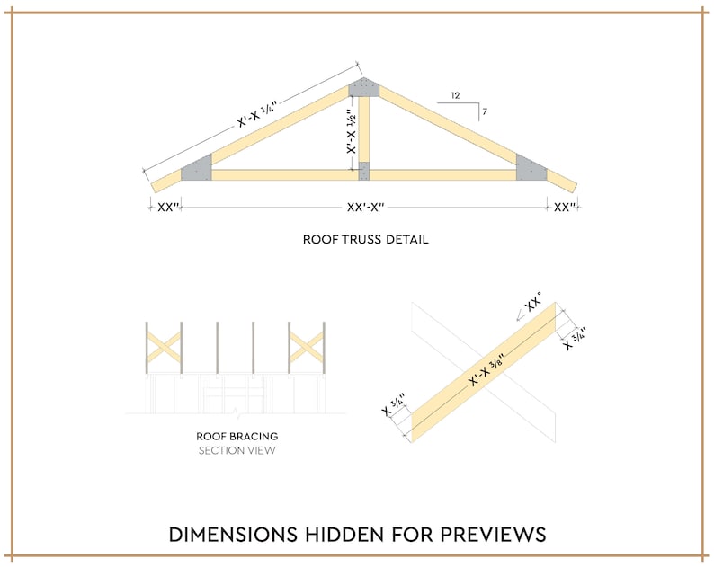 Puede incluir: Un diagrama de una armadura de techo con medidas en pulgadas. El diagrama muestra el detalle de la armadura del techo y una vista en secci&oacute;n del arriostramiento del techo. El texto "DIMENSIONS HIDDEN FOR PREVIEWS" est&aacute; en la parte inferior del diagrama.