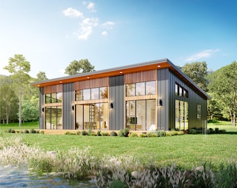 30' x 50' Modern Lean Cabin Architectural Plans - Custom 1500SF 3 Bedroom House Blueprint