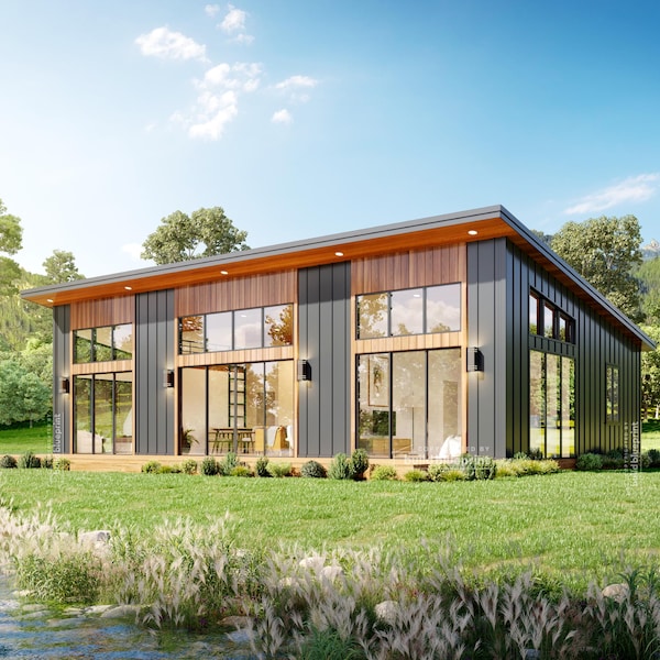 30' x 50' Modern Lean Cabin Arkitekturplaner - Anpassad ritning för 132 kvm hus med 3 sovrum