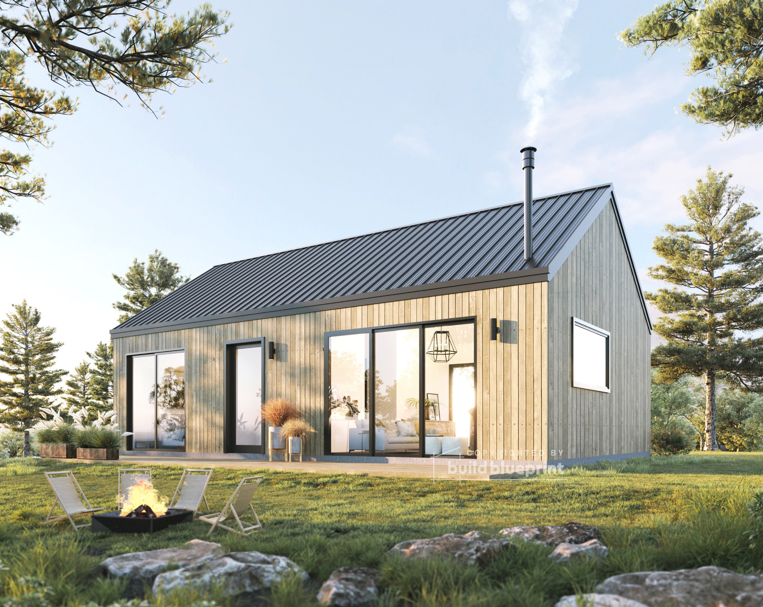 20 x 32' moderne architectonische plattegronden van een schuurhuis - aangepaste blauwdruk 640SF Nordic Cabin