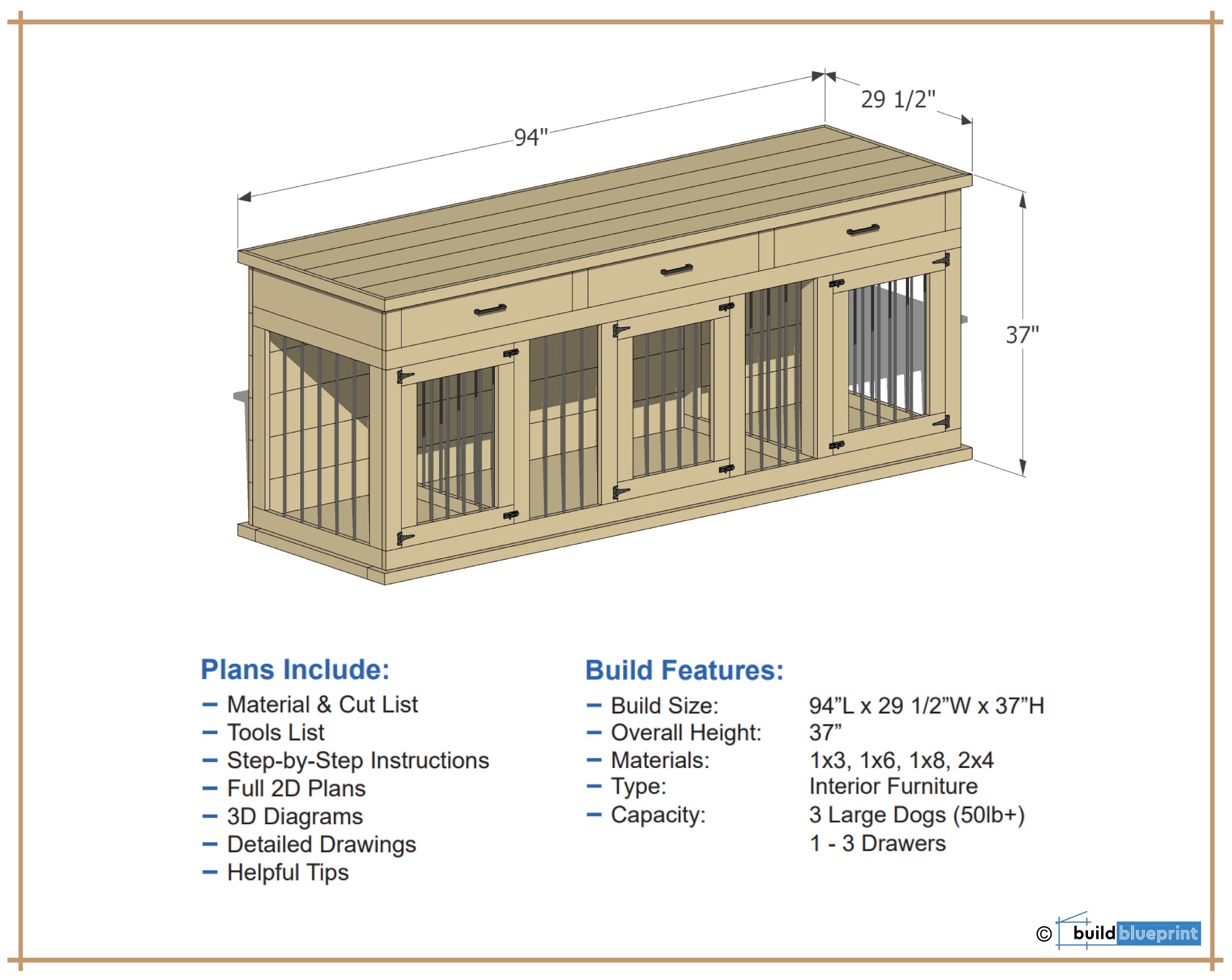 Digital Plans for Large Double Dog Kennel TV Stand DIY Wooden Crate for  Tall Dogs 