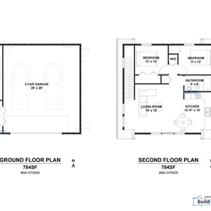 Op de afbeelding: Een zwart-witte plattegrond van een huis met twee verdiepingen en een garage. De plattegrond van de begane grond toont een garage van 8,5 m x 8,5 m voor twee auto's. De plattegrond van de eerste verdieping toont een woonkamer, keuken, badkamer en twee slaapkamers. De plattegronden zijn gelabeld met "Begane grond" en "Eerste verdieping" met de vierkante meters en een referentienummer.