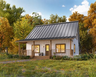 Architectuurtekeningen voor een moderne boerderijwoning van 32' x 32' - Bouwtekening op maat voor een huis van 1400 vierkante voet