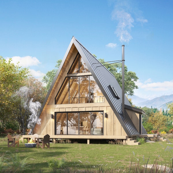 30' x 42' Modern A-Frame Cabin Architectural Plans - 1650SF 3BD House Blueprint PDF