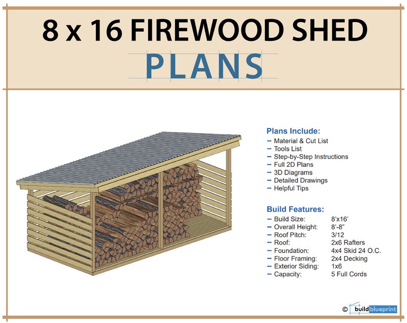 8x16 firewood shed plans 5 cord wood shed diy build etsy