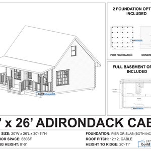 20' x 26' Adirondack Cabin w/ Loft Bedroom Architectural Plans - Custom 650SF Modern Cabin Blueprint image 4
