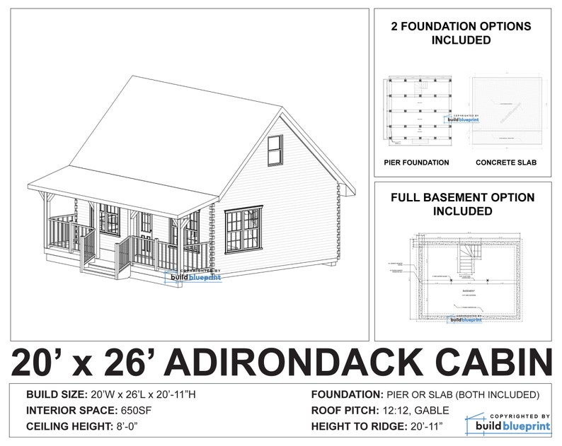20' x 26' Adirondack Cabin w/ Loft Bedroom Architectural Plans - Custom 650SF Modern Cabin Blueprint image 4