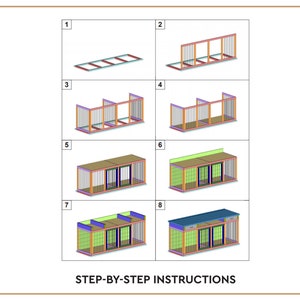 May include: Step-by-step instructions for building a wooden dog house with two separate compartments. The instructions are illustrated with eight diagrams showing the construction process from the foundation to the finished product.