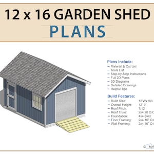Puede incluir: Una representaci&oacute;n 3D de un cobertizo de jard&iacute;n de 12' x 16' con un exterior azul claro y un techo gris. El cobertizo tiene una sola puerta y una ventana en el lateral, y una puerta de garaje en la parte delantera. Los planos incluyen una lista de materiales y de corte, una lista de herramientas, instrucciones paso a paso, planos 2D completos, diagramas 3D, dibujos detallados y consejos &uacute;tiles.