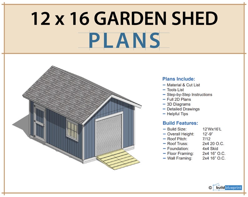 Puede incluir: Una representaci&oacute;n 3D de un cobertizo de jard&iacute;n de 12' x 16' con un exterior azul claro y un techo gris. El cobertizo tiene una sola puerta y una ventana en el lateral, y una puerta de garaje en la parte delantera. Los planos incluyen una lista de materiales y de corte, una lista de herramientas, instrucciones paso a paso, planos 2D completos, diagramas 3D, dibujos detallados y consejos &uacute;tiles.