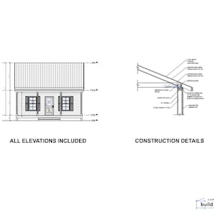 Peut inclure: Un dessin au trait noir et blanc d'une maison avec un porche avant et un toit &agrave; pignon. Le dessin comprend des d&eacute;tails de construction pour le surplomb du toit. Le texte "ALL ELEVATIONS INCLUDED" et "CONSTRUCTION DETAILS" est inclus dans l'image.