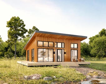 Architectuurtekeningen voor een 22' x 28' Lean Cottage - Ontwerptekening voor een op maat gemaakte blokhut met lessenaarsdak van 616 vierkante voet