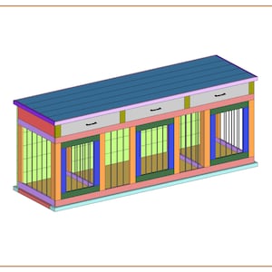 Op de afbeelding: Een hondenren met meerdere compartimenten met een blauw dak, drie lades en tralie deuren. De kennel is gemaakt van verschillende kleuren hout, waaronder roze, oranje, groen en paars. Het ontwerp is een 3D-rendering.