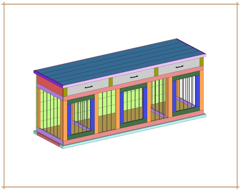 Op de afbeelding: Een hondenren met meerdere compartimenten met een blauw dak, drie lades en tralie deuren. De kennel is gemaakt van verschillende kleuren hout, waaronder roze, oranje, groen en paars. Het ontwerp is een 3D-rendering.