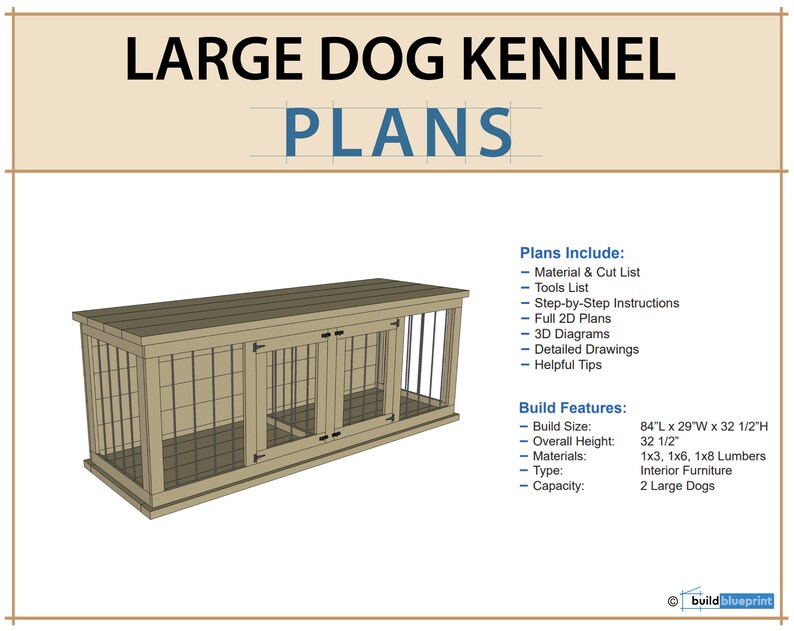Peut inclure: Rendu 3D d'un chenil pour grand chien avec deux compartiments s&eacute;par&eacute;s. Le chenil est en bois et a une teinte brune. Le chenil mesure 84 pouces de long, 29 pouces de large et 32 pouces et demi de haut. Le chenil est con&ccedil;u pour accueillir deux grands chiens.