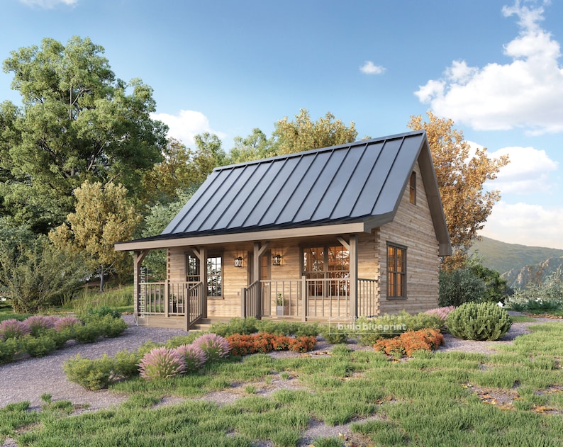 20' x 26' Adirondack Cabin w/ Loft Bedroom Architectural Plans - Custom 650SF Modern Cabin Blueprint image 1